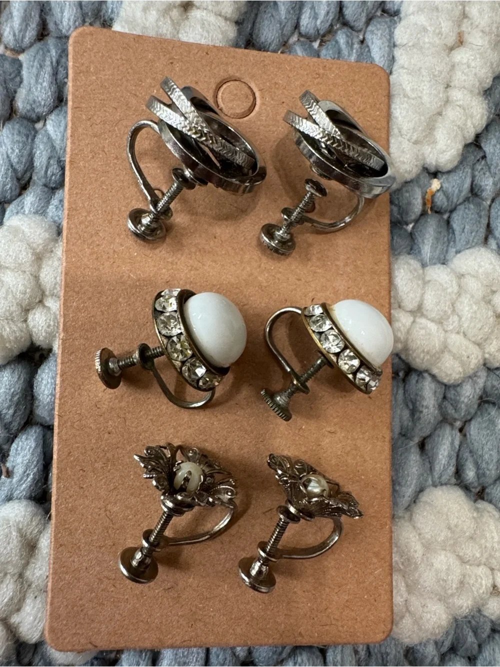 Vintage Screw Back Clip-On Earring Lot | 3 Pairs | Mid Century White Lucite Rhin
